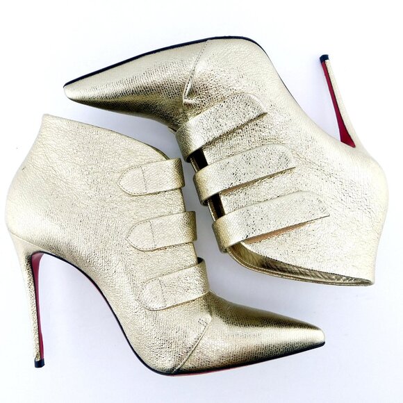 CHRISTIAN LOUBOUTIN Platinum Shimmer Foil Leather Strap Ankle Boots Heels 37 - Picture 5 of 10